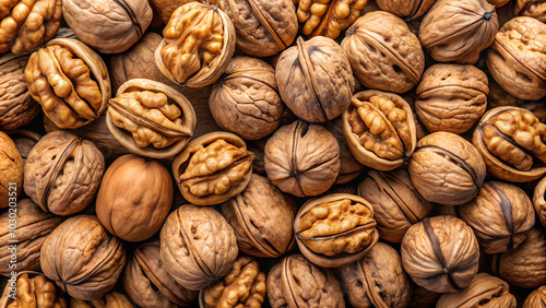 Close-up of walnuts in shells for healthy food concepts and nut recipes copy space 