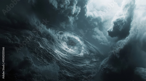 powerful hurricane swirls through dark, turbulent clouds, creating dramatic and intense atmosphere over ocean. scene captures raw energy and chaos of natures fury