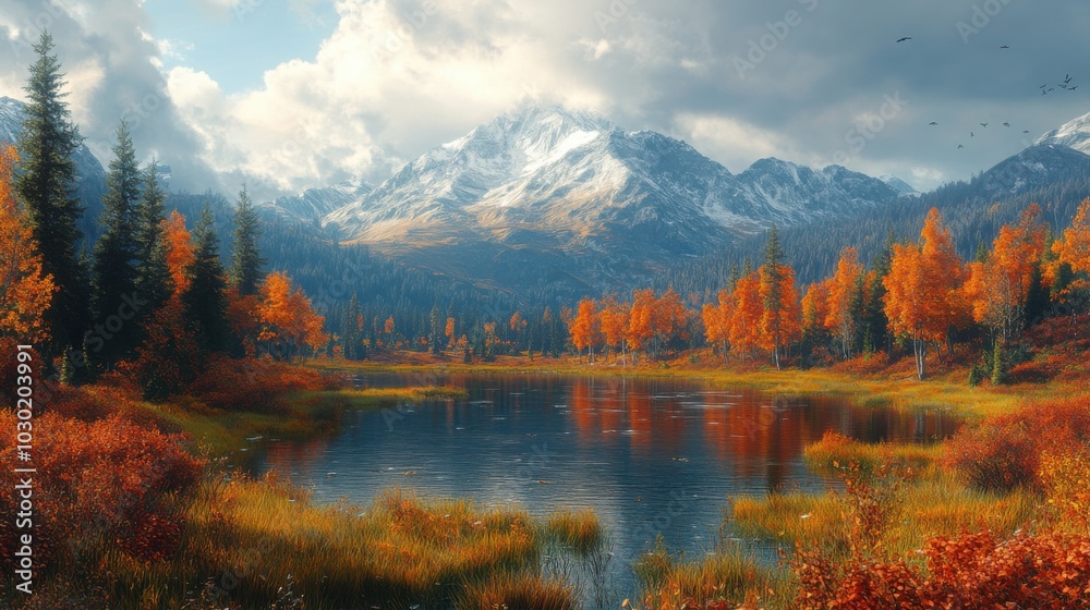 Vibrant Autumn Alpine Landscape of Golden Radiance