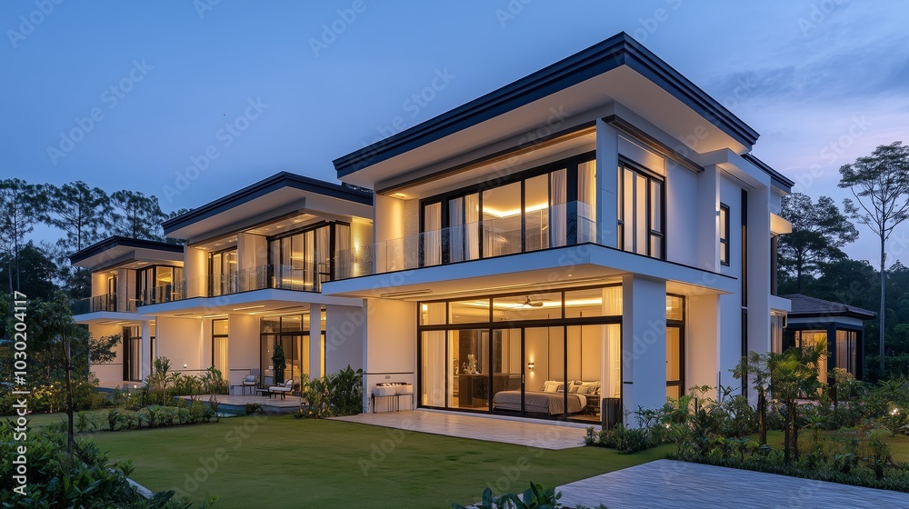 Modern and elegant two-story terrace house, with lights on the windows at night Modern and elegant two-story terrace house, with lights on the windows at night