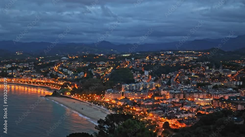 Panoramic view of San Sebastian city from Monte Igueldo after sunset. San Sebastian, Spain.