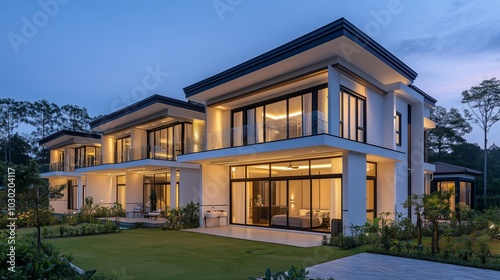 Modern and elegant two-story terrace house, with lights on the windows at night