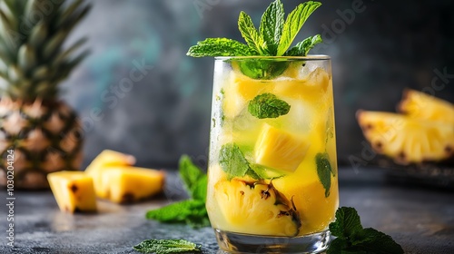 A glass of refreshing pineapple and mint drink. photo