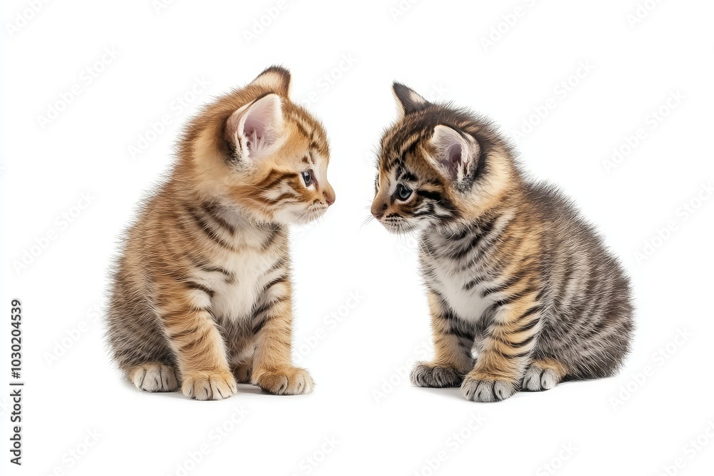 Fototapeta premium On a white background, a kitten is looking in a mirror at a reflection of a tiger.