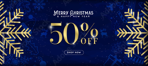 Gold 50% off Christmas Sale Discount Banner with shop now button. Golden Snowflake decoration with soft monochromatic Christmas ornament pattern background. Christmas Promo offer layout. Vector.