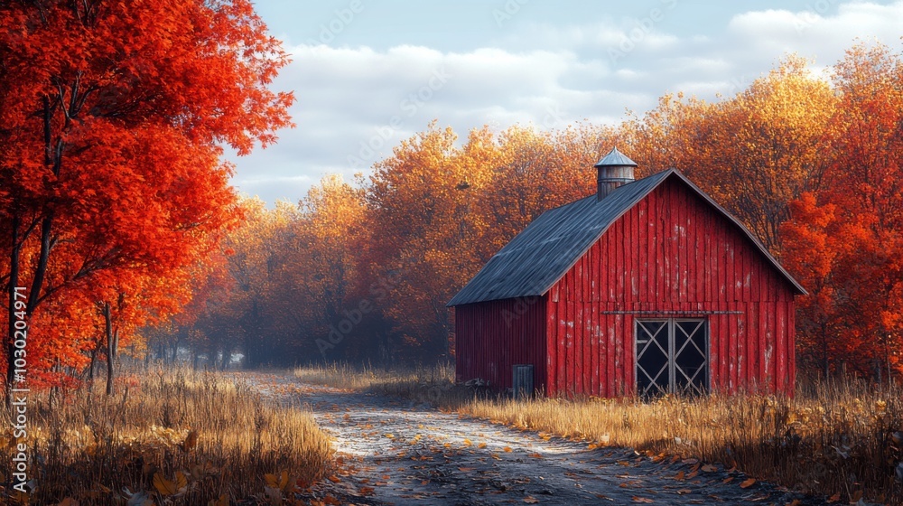 Vibrant Autumn Barn Scene with Detailed Textures Vibrant Autumn Barn Scene with Detailed Textures