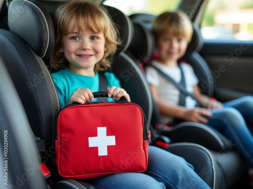 Smiling child holding red first-aid kit with white cross, seated in a car with another child in the background, symbolizing safety and emergency preparedness during travel