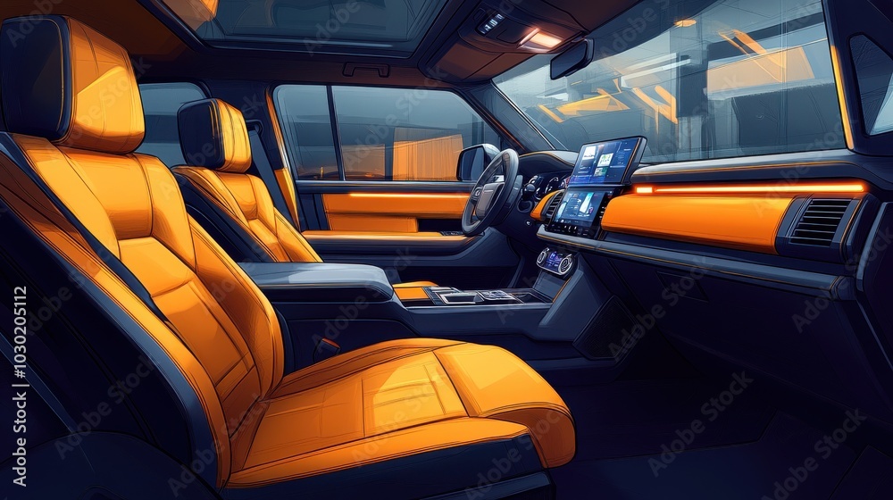 Fototapeta premium An illustration of a family-friendly SUV interior designed for comfort and convenience, with plush seats, a panoramic sunroof, and a rear entertainment system.