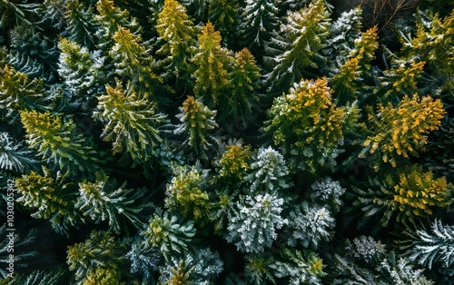 Aerial drone view poster of green pine trees partially covered with snow in winter. Modern Scandi background, top view. Calm Scandinavian forest background. Birds eye view from above, AI generated photo