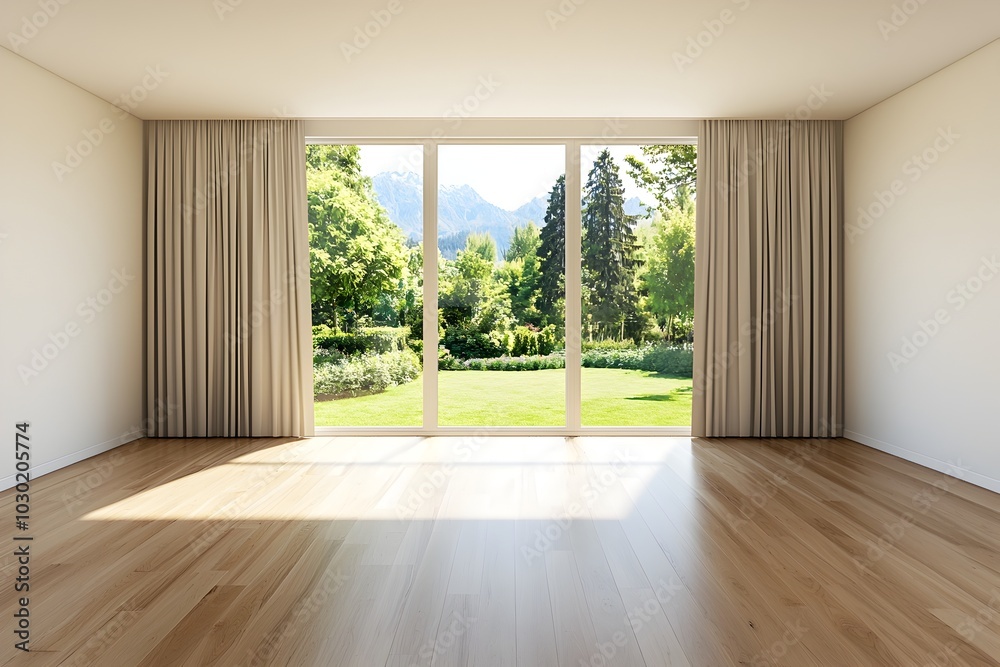 Obraz premium Bright and Airy Modern Interior with Expansive Garden View Through Large Windows