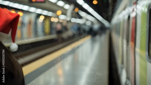 Young girl takes a moment after stepping of a train, she smiles and slowly walks away, excited to meet her family for Christmas, she wears a red Santa hat