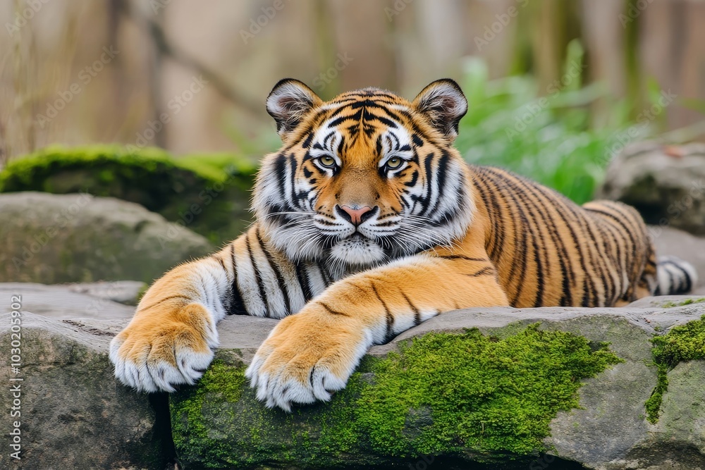 Background of lush green habitat with a beautiful Bengal tiger Background of lush green habitat with a beautiful Bengal tiger