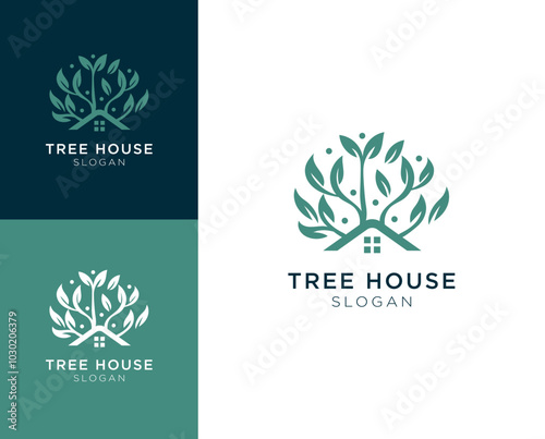 Treehouse logo.Tree with house vector logo design.