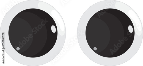 Plastic toy eyes. Glossy, bulging, puppet eyes. Cute, round, vector, isolated elements. Look down, up, left, right. Different, shaking, silly, hilarious pairs of eyeballs