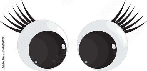 Plastic toy eyes. Glossy, bulging, puppet eyes. Cute, round, vector, isolated elements. Look down, up, left, right. Different, shaking, silly, hilarious pairs of eyeballs