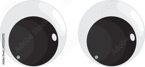Plastic toy eyes. Glossy, bulging, puppet eyes. Cute, round, vector, isolated elements. Look down, up, left, right. Different, shaking, silly, hilarious pairs of eyeballs