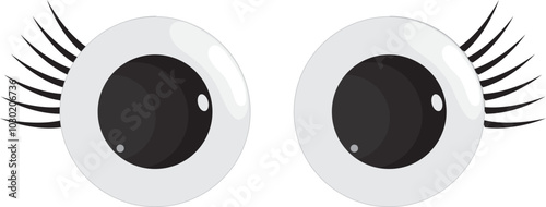 Plastic toy eyes. Glossy, bulging, puppet eyes. Cute, round, vector, isolated elements. Look down, up, left, right. Different, shaking, silly, hilarious pairs of eyeballs