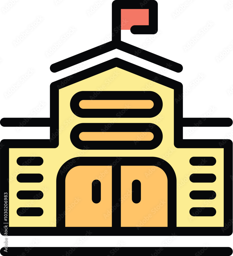 Simple colorful school building facade with flag waving on roof, education icon
