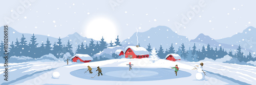Fun winter activities, children ice skating and playing hockey, Christmas time. Abstract winter rural landscape with old village. Freehand drawing, vector illustration.	