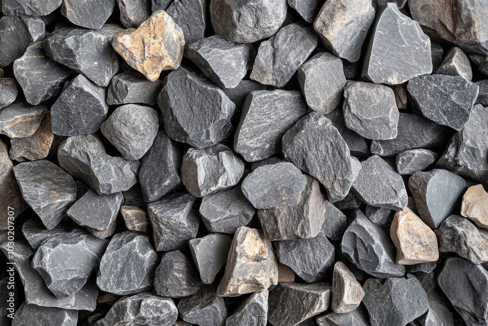 A pile of small gray stones. Crushed stone in close-up. Shallow rocky ground. The gravel texture of crushed stone road building material.