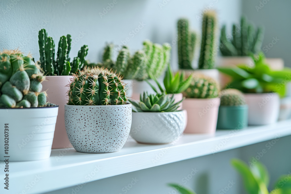 A collection of various potted cacti. Indoor plants in pots with cacti on a white shelf against a white wall background. A collection of various potted cacti. Indoor plants in pots with cacti on a white shelf against a white wall background.