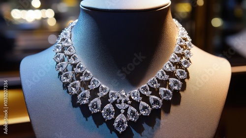 A beautiful large diamond necklace, sparkling on a mannequin, representing wealth, beauty, and refinement, perfect for premium jewelry photography