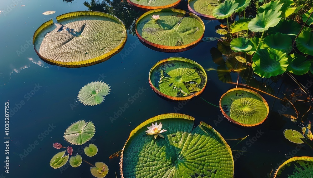Giant Water Lily Pads with Blooming Flower in a Pond Giant Water Lily Pads with Blooming Flower in a Pond