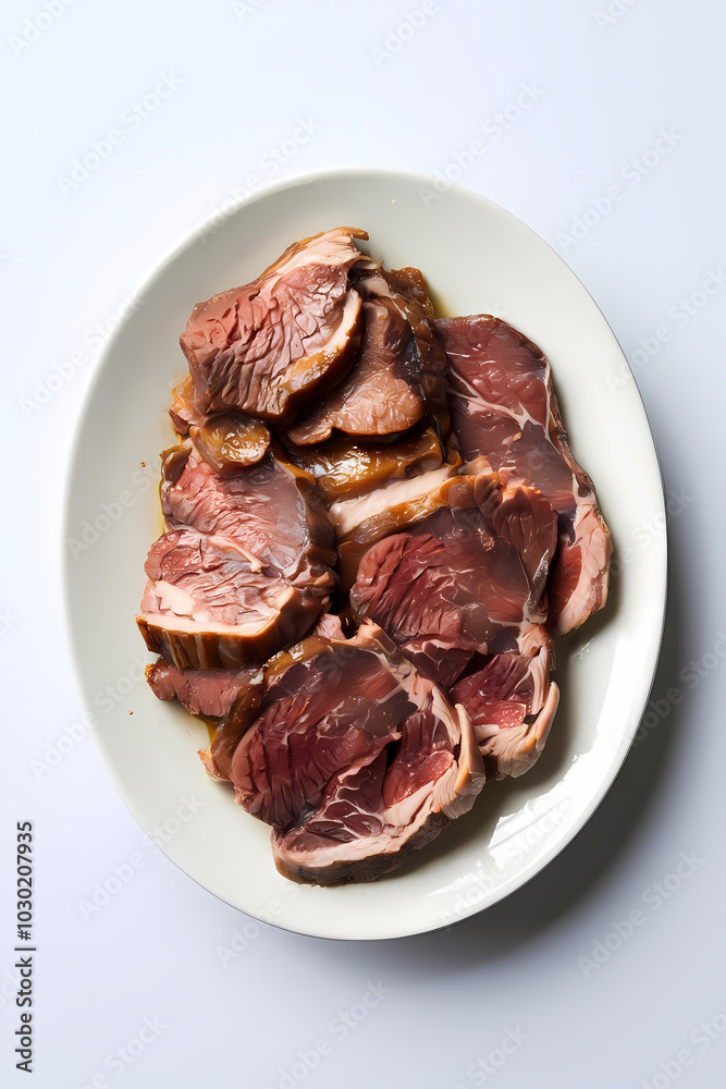 Sliced roasted meat arranged on a white platter, showcasing rich colors and textures for a delicious dish. Sliced roasted meat arranged on a white platter, showcasing rich colors and textures for a delicious dish.