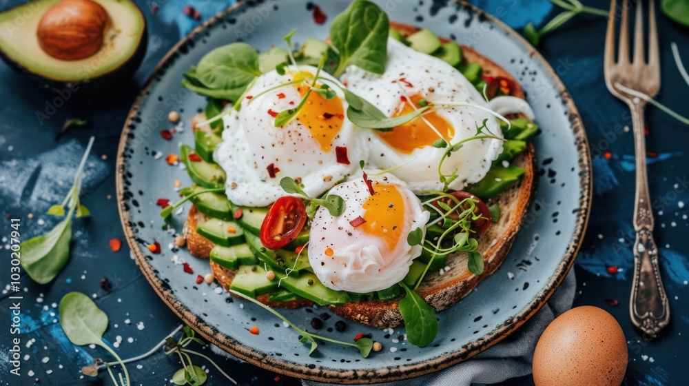Avocado Toast with Poached Eggs, Microgreens, and Spices Avocado Toast with Poached Eggs, Microgreens, and Spices
