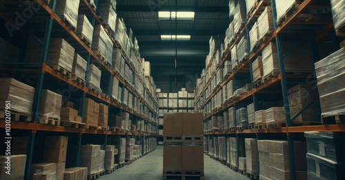 An automated warehouse, with modern racks and shelvings in the background