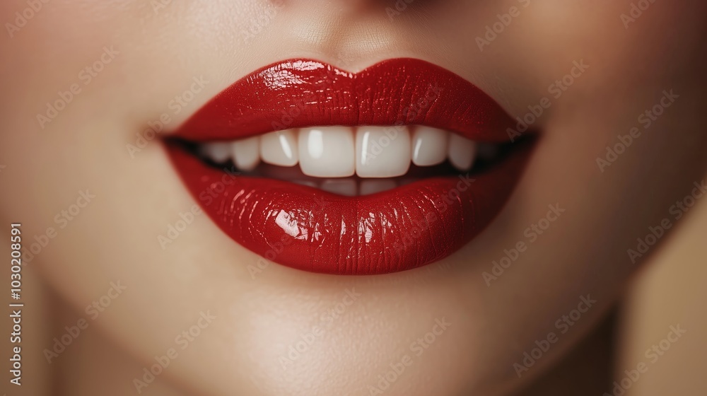 A close-up of the lipstick in front, a pair of red lips with gold edges and a slightly open mouth showing white teeth and clean skin against a light background A close-up of the lipstick in front, a pair of red lips with gold edges and a slightly open mouth showing white teeth and clean skin against a light background