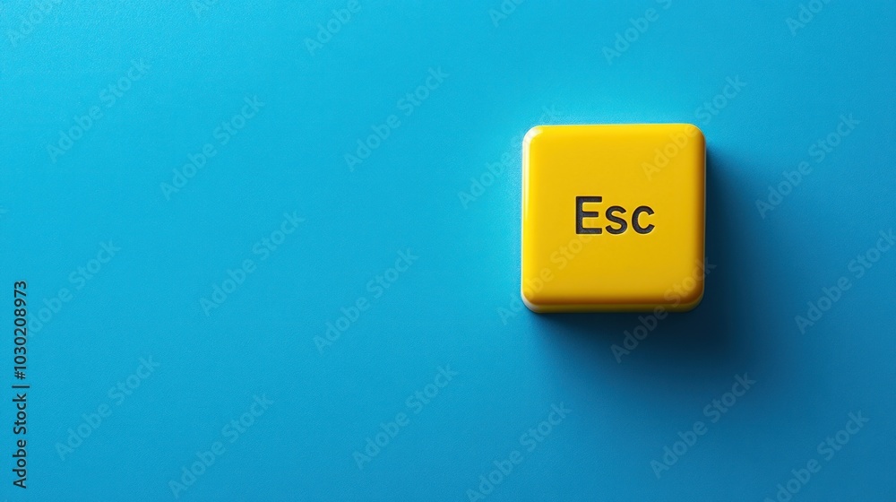 A yellow button with ESC written on it. The button is on a blue surface. The button is yellow and has a black outline A yellow button with ESC written on it. The button is on a blue surface. The button is yellow and has a black outline