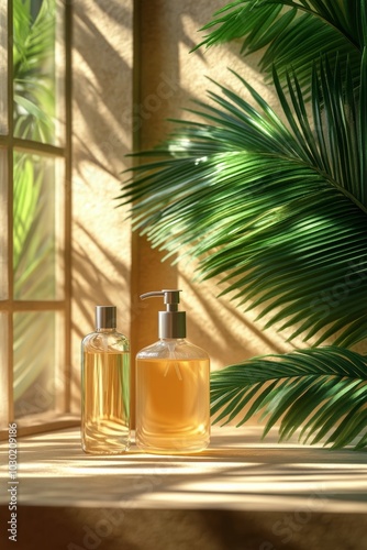 Stylish amber bottle surrounded by green tropical leaves on textured background