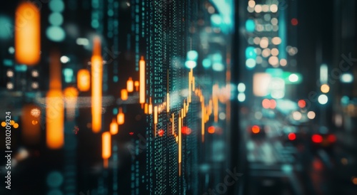 Data visualizations highlighting market trends at night in an urban environment