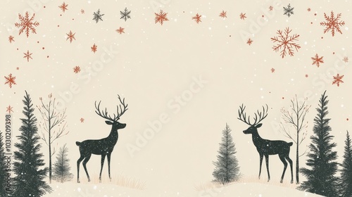 Colorful reindeer and Christmas trees create a festive winter landscape with ...