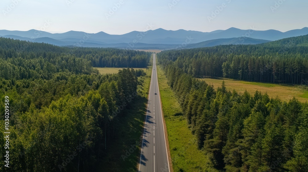A road with trees on both sides. A car is driving down the road A road with trees on both sides. A car is driving down the road