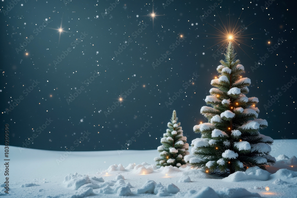 Obraz premium Christmas greeting card with New Year symbol and decoration. Xmas snow background with copy space. Festive mockup design with pine, star, trees and forest