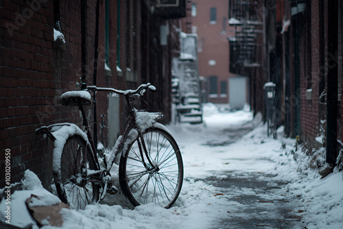 A bicycle on a snowy street