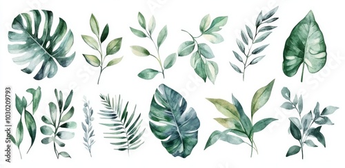 Illustration of monstera, banana palm, fern. Botanic tropic composition. Exotic modern design.