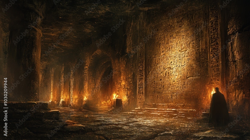 A solitary figure kneels in a dimly lit, ancient cavern, illuminated by flickering torches, before a wall of mysterious inscriptions. A solitary figure kneels in a dimly lit, ancient cavern, illuminated by flickering torches, before a wall of mysterious inscriptions.