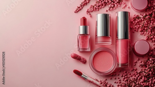 Pink cosmetic products creatively arranged against a textured pink backdrop w...
