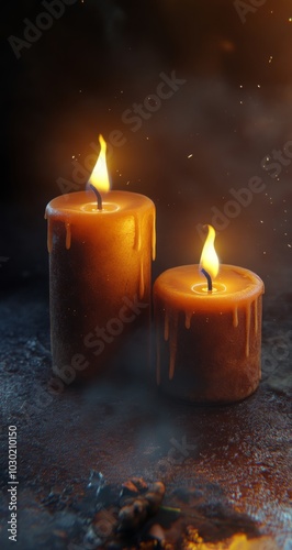 Soft glow of two burning candles against a dark background creating a serene ...