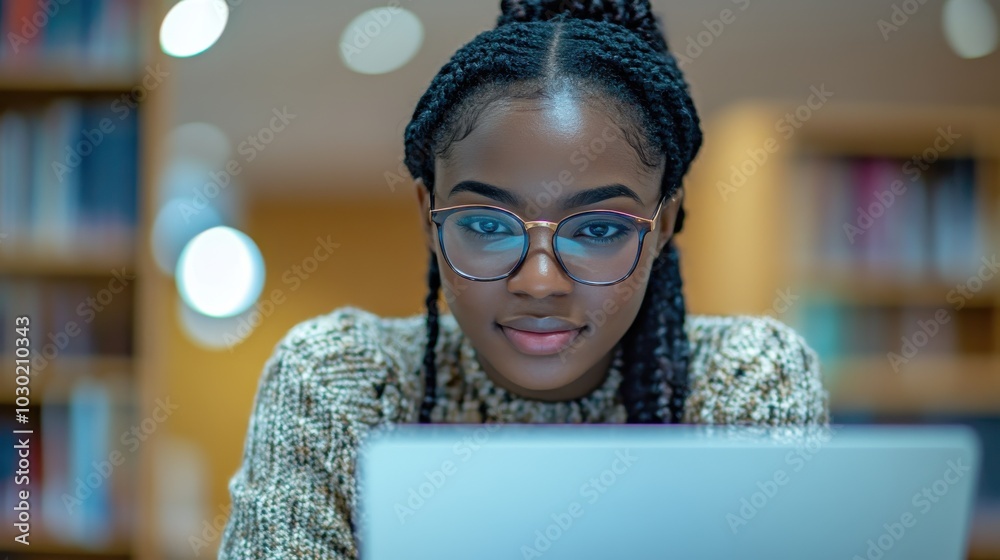 Fototapeta premium A college student wearing glasses, smiling while working on a laptop