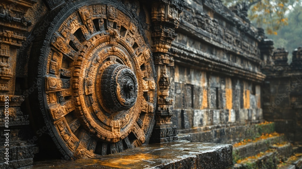 Fototapeta premium A close-up of a intricately carved stone wheel on an ancient temple wall, with weathered stone and a hint of green foliage.