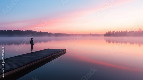 A person standing on a pier, looking out over a calm lake at sunrise