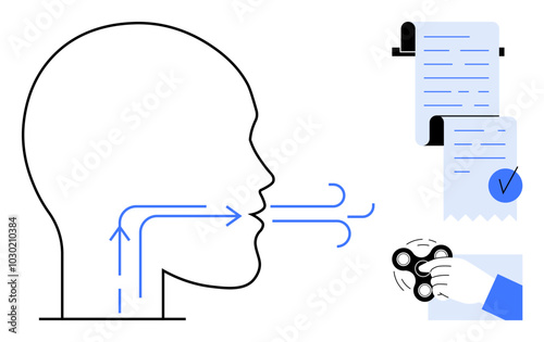 Human head with speech arrows, checklist on paper, and hand holding fidget spinner. Ideal for mental health, speech therapy, stress relief, productivity, wellness. Simple and modern style