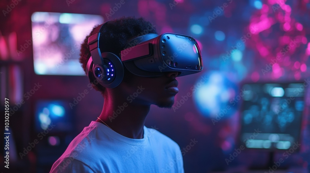 A young adult with a learning disability using virtual reality for immersive education, wearing a VR headset in a tech-filled room. A young adult with a learning disability using virtual reality for immersive education, wearing a VR headset in a tech-filled room.