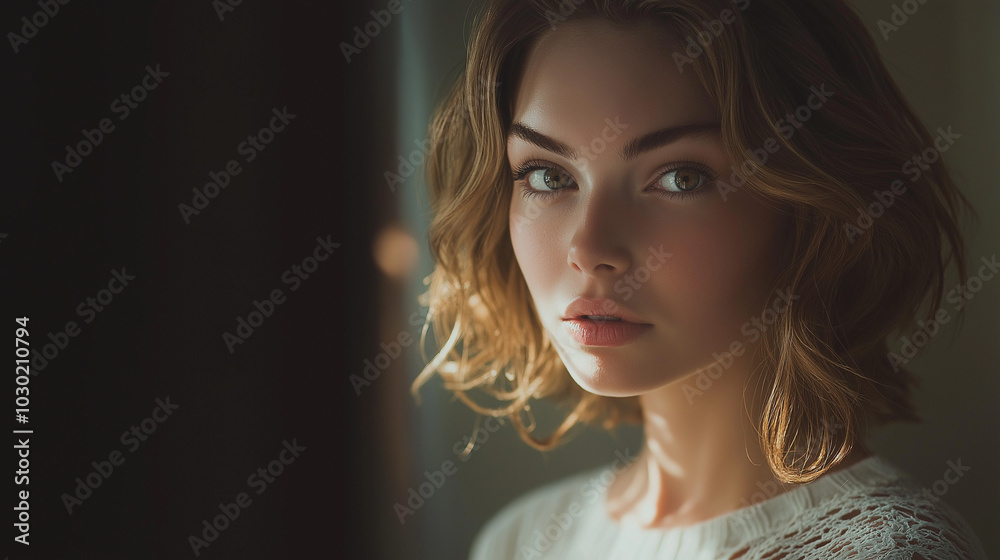 Over-the-shoulder view of a woman gazing into a mirror, with soft side lighting illuminating half of her face. Her smooth, radiant skin and thoughtful expression evoke a calm and intimate atmosphere Over-the-shoulder view of a woman gazing into a mirror, with soft side lighting illuminating half of her face. Her smooth, radiant skin and thoughtful expression evoke a calm and intimate atmosphere