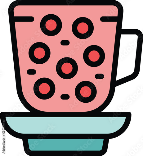 Pink cup filled with a comforting beverage topped with bubbles sits on a plate