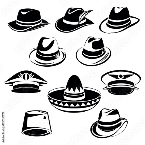 
set of icons, logo, symbols, silhouettes of different hats, black outline on a white background